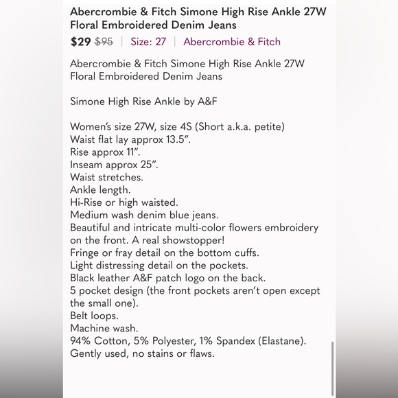 Abercrombie & Fitch Simone High Rise Ankle 27W Floral Embroidered Denim Jeans - Picture 15 of 15
